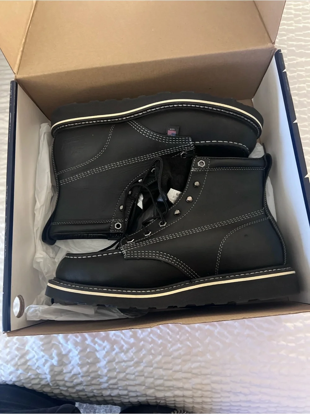 Thorogood American-Made Black Work Boots with Moc Toe and Durable Outsole